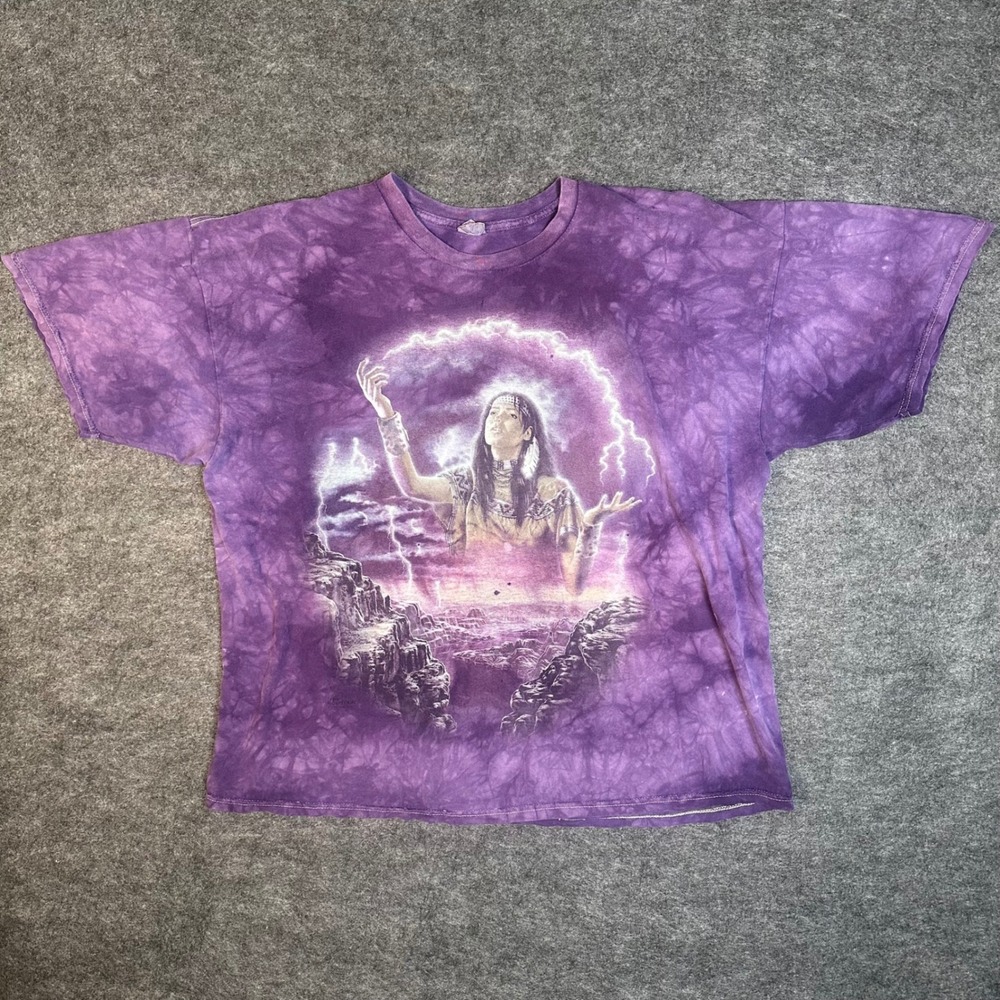 Vintage THRASHED The Mountain Tie Dye T-Shirt Mens 2XL Purple Lightning
